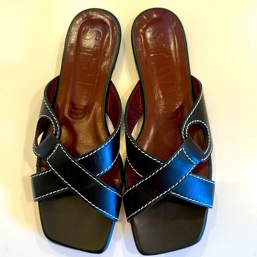 New STAUD Black  Leather Sandals with White Stitching. Size 39.
